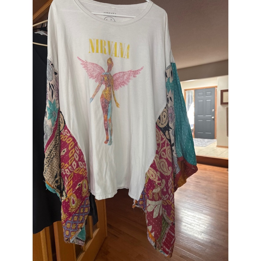 Upcycled Nirvana Graphic T-Shirt Boho Patchwork Kimono Drape Sleeve White OS 2X
